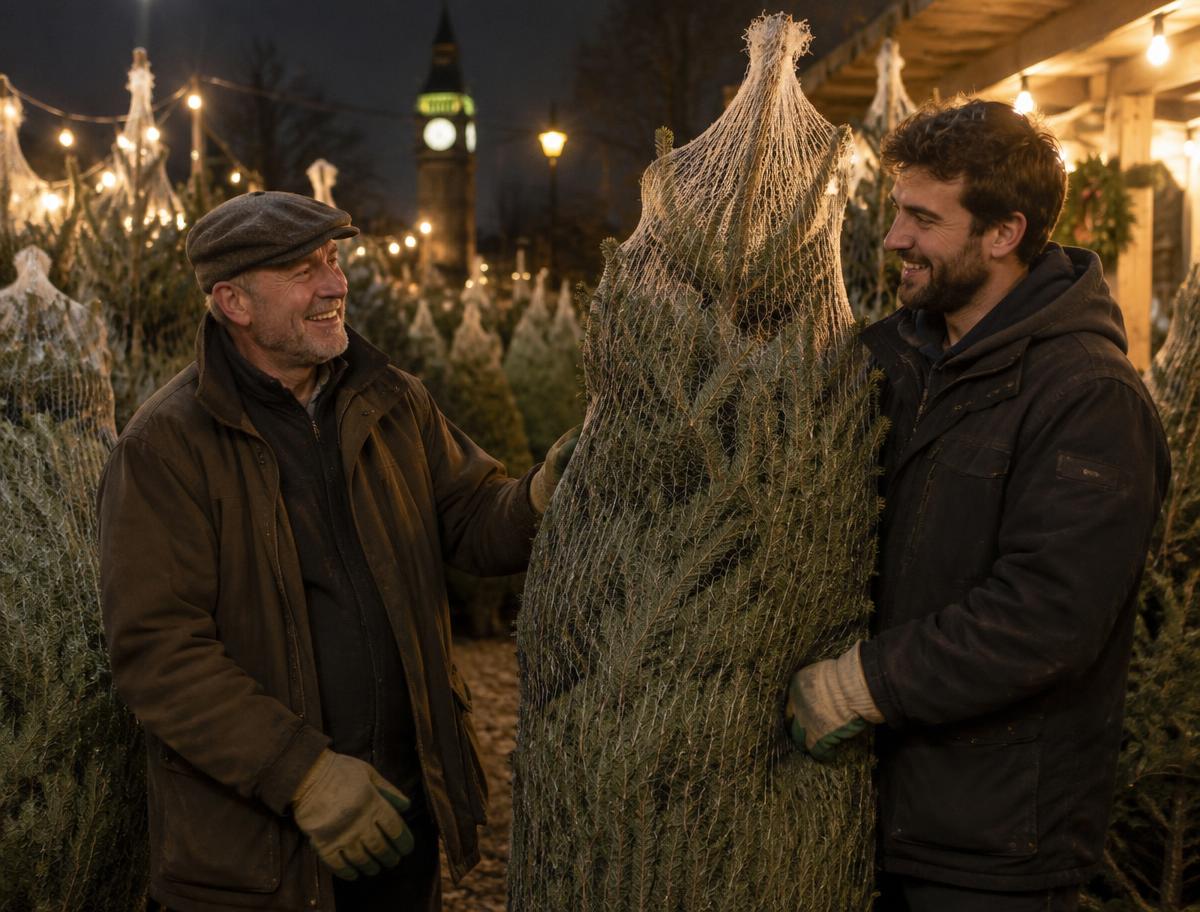 Jay and Henry together at the stand on a winter evening