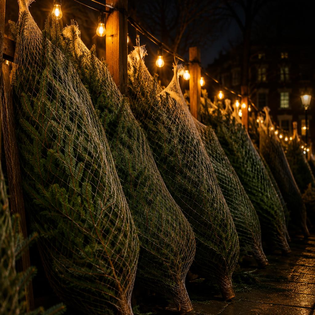 A rail of netted trees under the strung lights