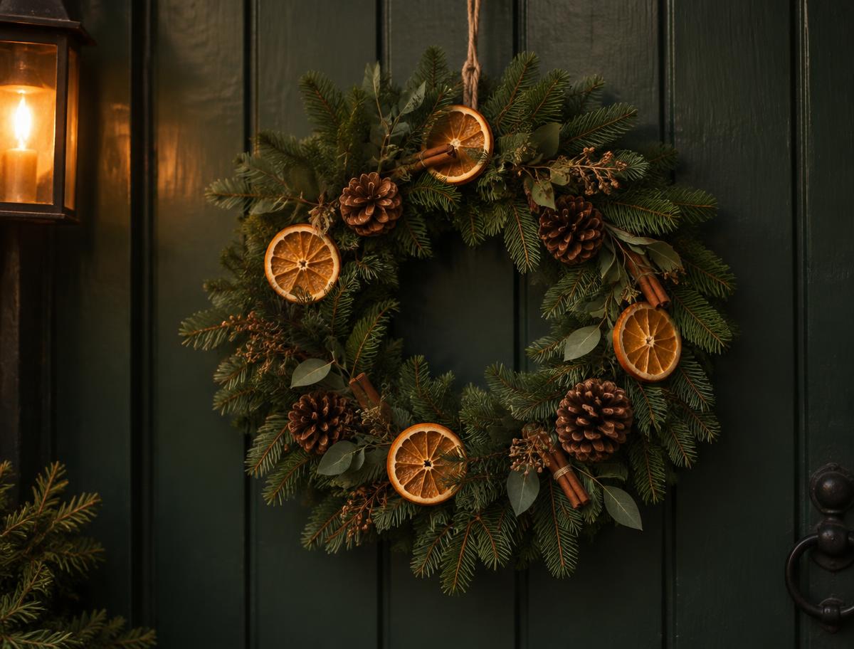 A hand-made fir door wreath hanging on a dark green door